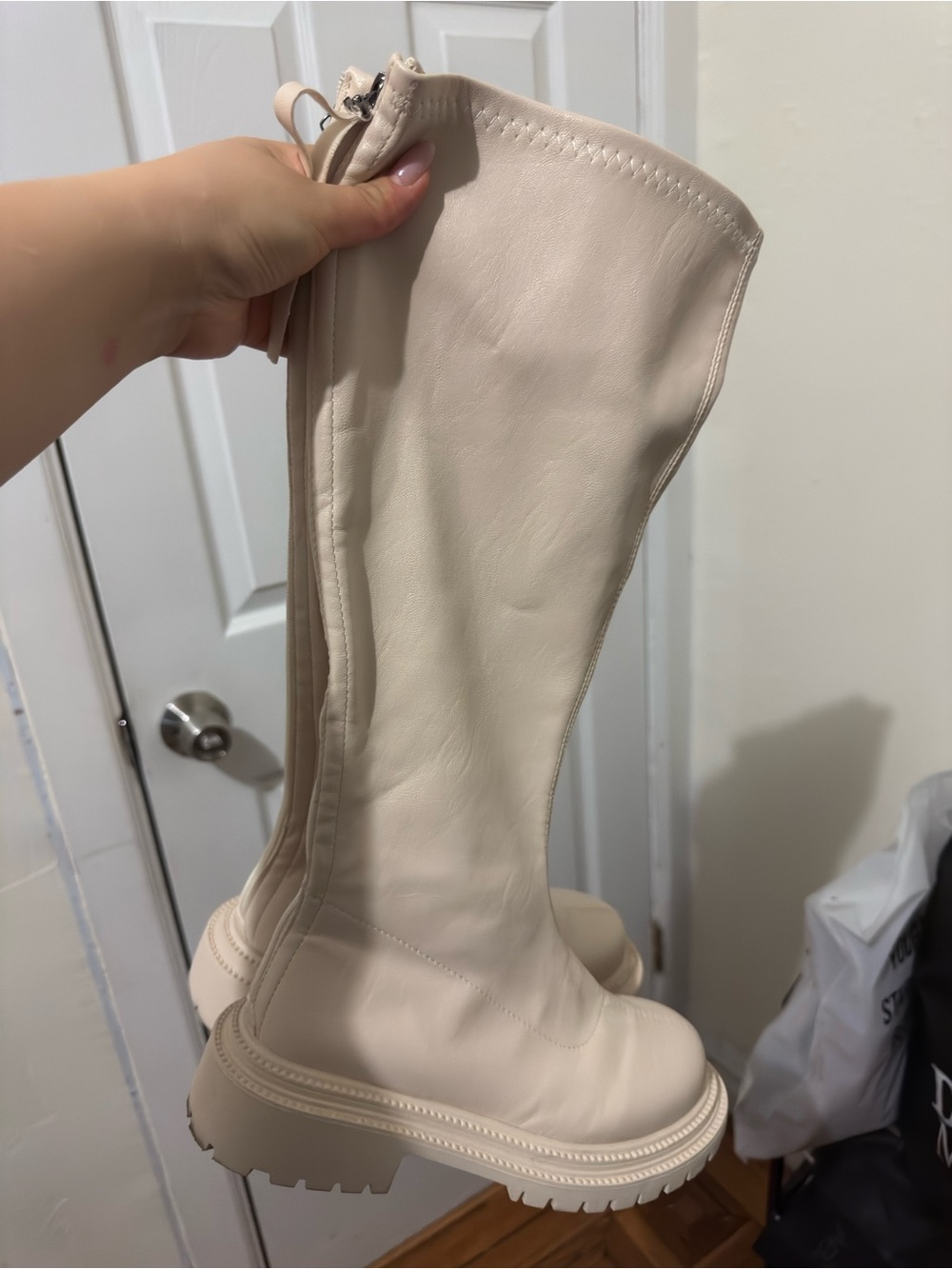 Knee-High Chunky Lug Sole Boots in Cream - Women's Ankle & Bootie Style - Picture 2 of 5